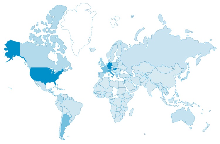 Mapa de calor de oyentes de Argentine Tango Radio (mes pasado)